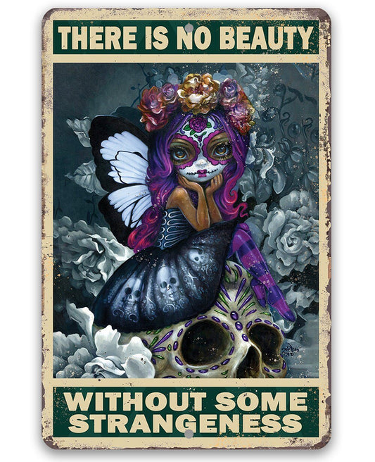 Metal sign with ornate frame, purple sugar skull woman, butterfly wings, and quote panel