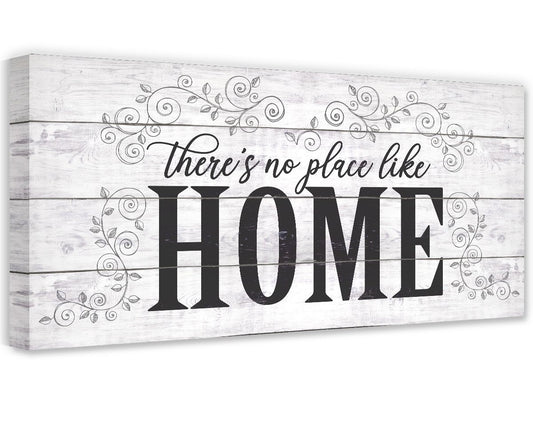 Home quote canvas wall art with gray plank texture, vine accents, and bold 'HOME' text.