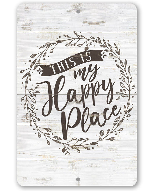 Rectangular metal sign with rounded corners, leaf wreath and “This is my Happy Place”
