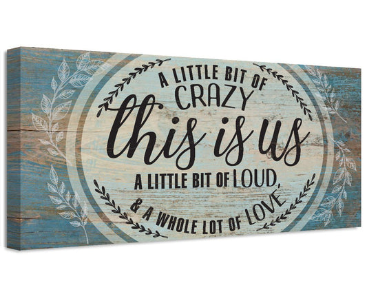 Stretched canvas wall art with teal floral wreath and script “this is us” quote.