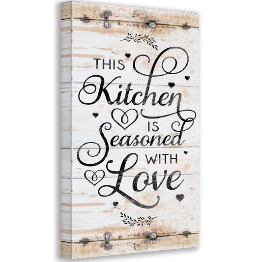 Vertical kitchen quote canvas with ornate script hearts and leaf accents on a light distressed background