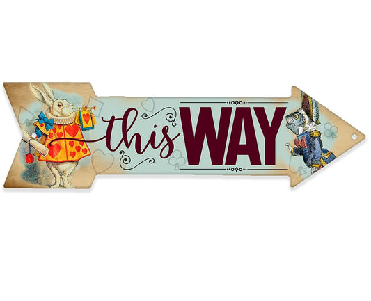 This Way directional arrow metal sign with white rabbit and gray rabbit illustration