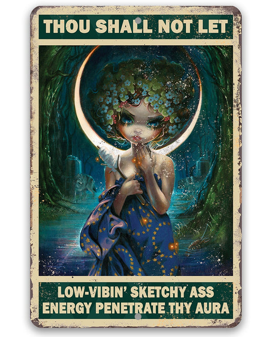 Aluminum metal sign with moon woman illustration and bold script message in a green border