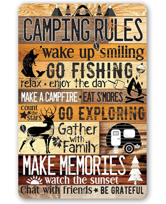 Camping rules metal sign with wake up smiling and go fishing text, RV and camping icons