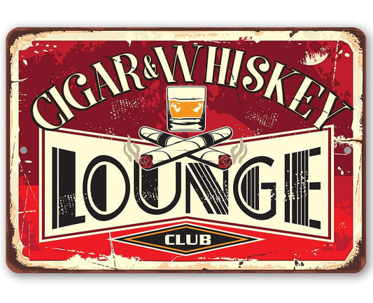 Red Cigar & Whiskey Lounge metal sign with 'Lounge' lettering and club badge