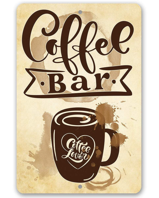 Coffee bar metal sign with brown “Coffee Bar” typography and cup graphic.