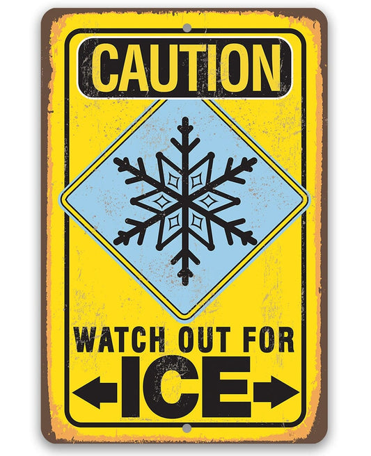 Yellow metal caution sign 'CAUTION' 'WATCH OUT FOR ICE' with snowflake icon