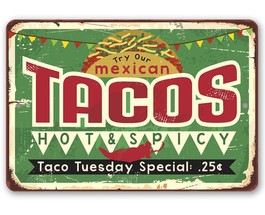 Taco Tuesday metal sign with green background and red 'Tacos' lettering