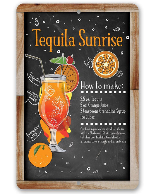 Bar recipe metal sign with wooden frame, illustrated cocktail on dark background