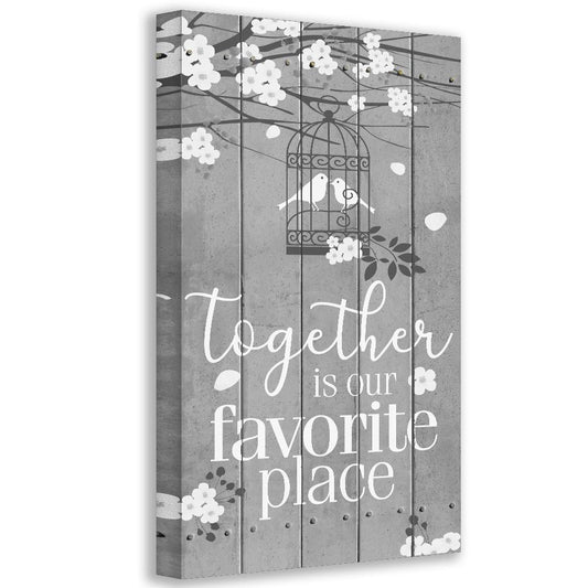 Gray canvas wall art with birdcage, blossoms, and text “Together is our favorite place”