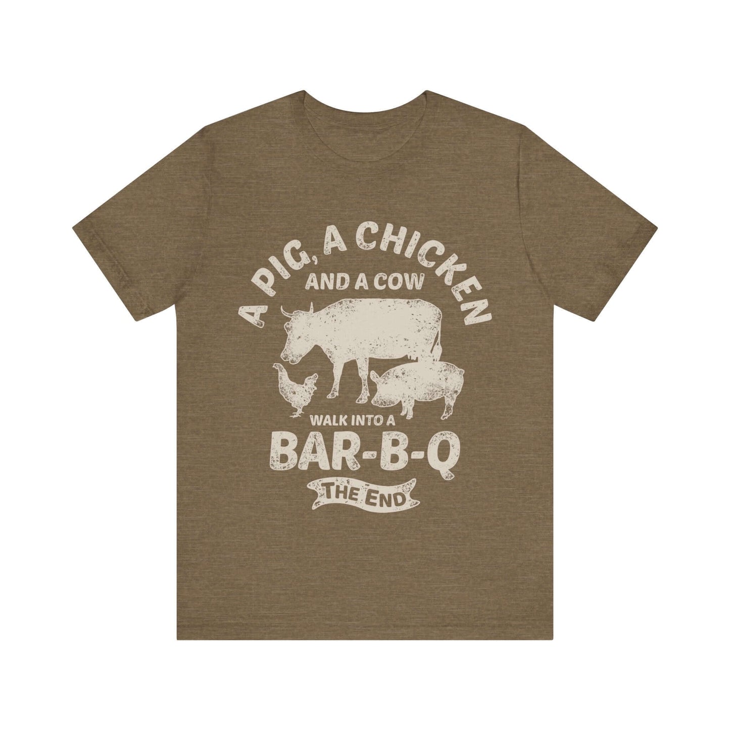 Olive BBQ T-shirt with white chicken-cow Bar-B-Q front graphic