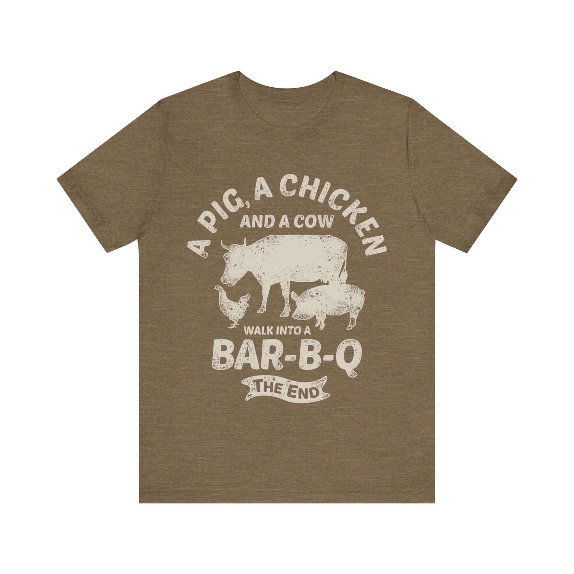 Olive BBQ T-shirt with white chicken-cow Bar-B-Q front graphic