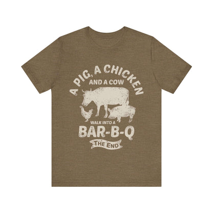 Olive BBQ T-shirt with white chicken-cow Bar-B-Q front graphic