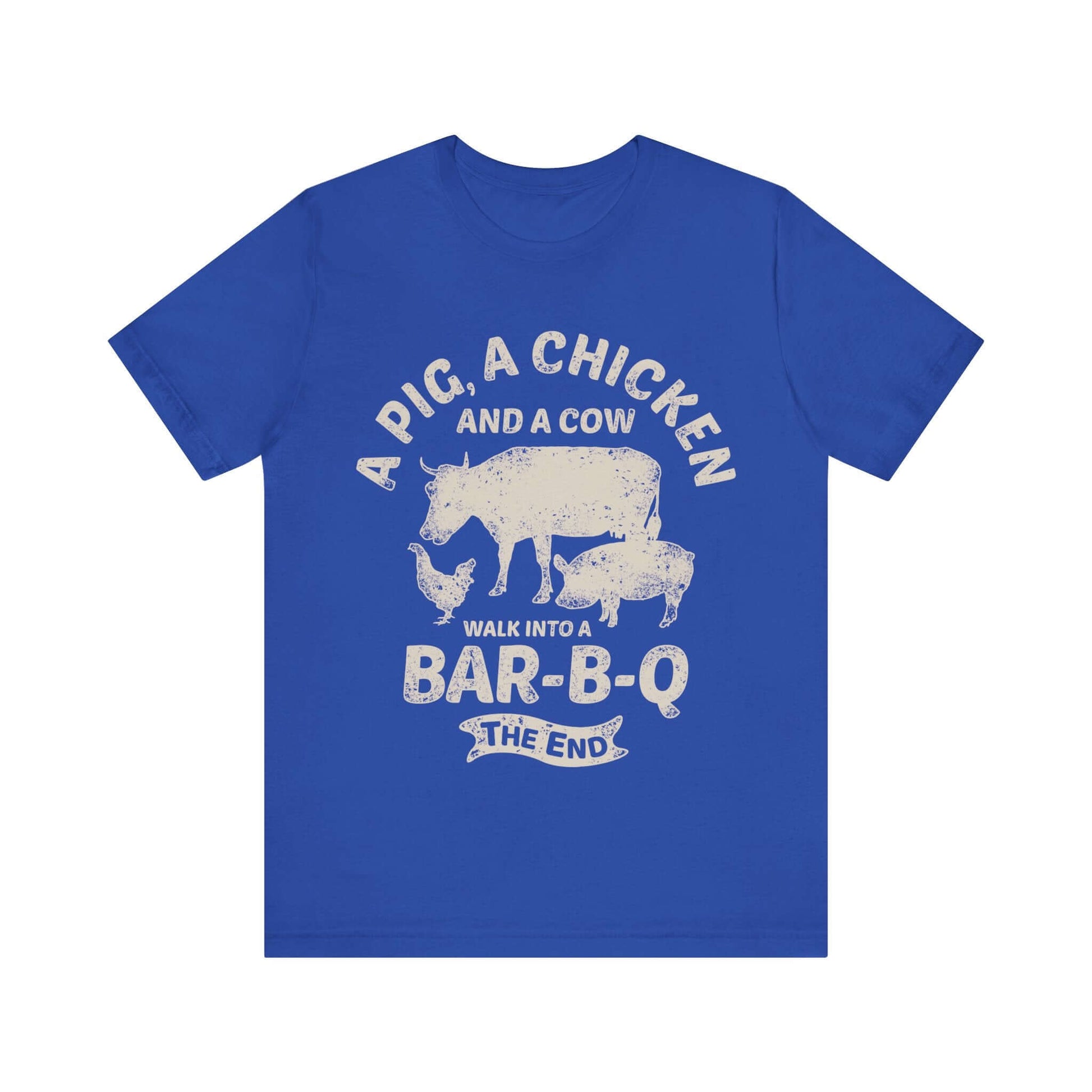 Blue BBQ T-shirt with white chicken-cow Bar-B-Q front graphic