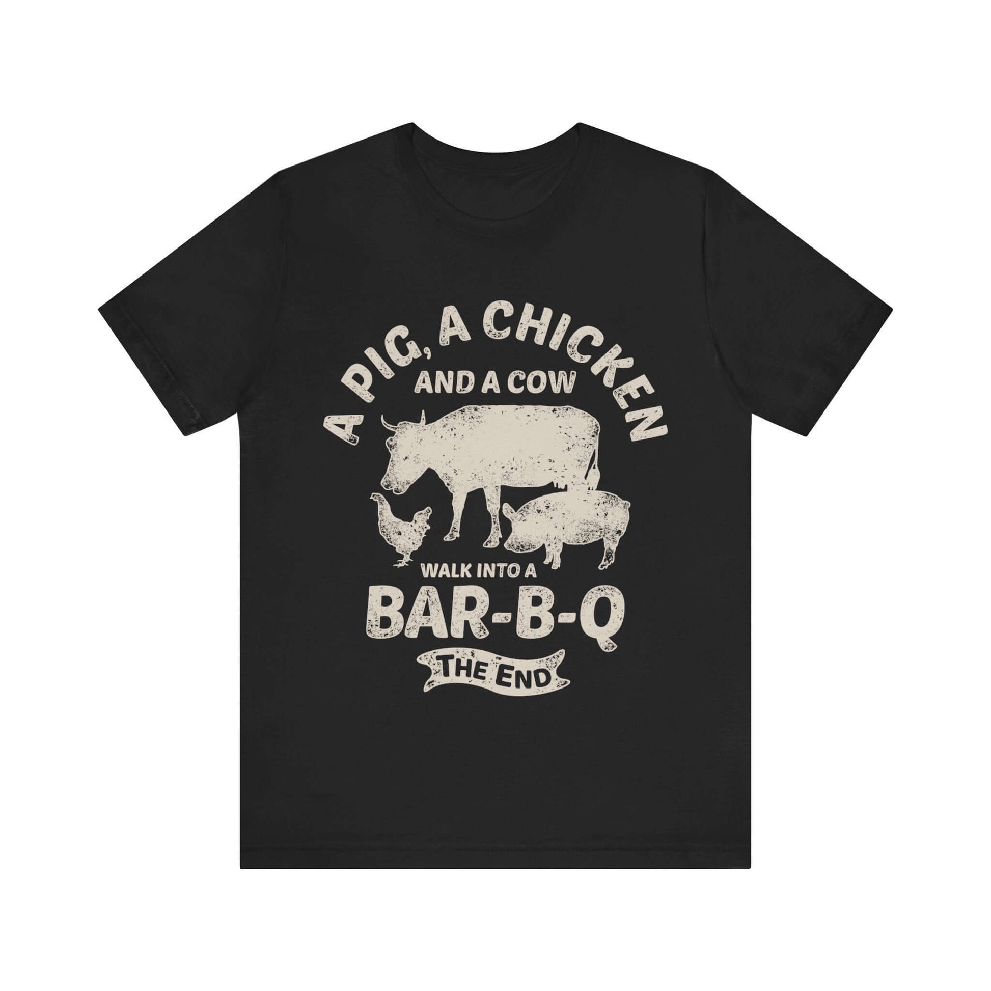 Black T-shirt with chicken and cow graphic and "Walk into a Bar-B-Q" text