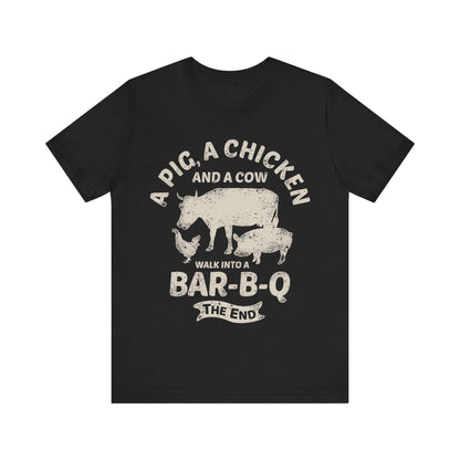 Black T-shirt with chicken and cow graphic and "Walk into a Bar-B-Q" text
