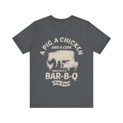 Dark gray T-shirt with chicken and cow graphic and "Walk into a Bar-B-Q" text