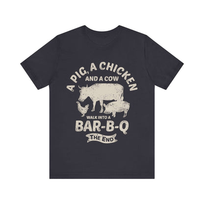 Navy T-shirt with chicken and cow graphic and "Walk into a Bar-B-Q" text