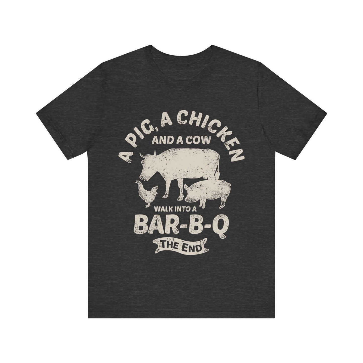 Charcoal gray T-shirt with chicken and cow graphic and "Walk into a Bar-B-Q" text