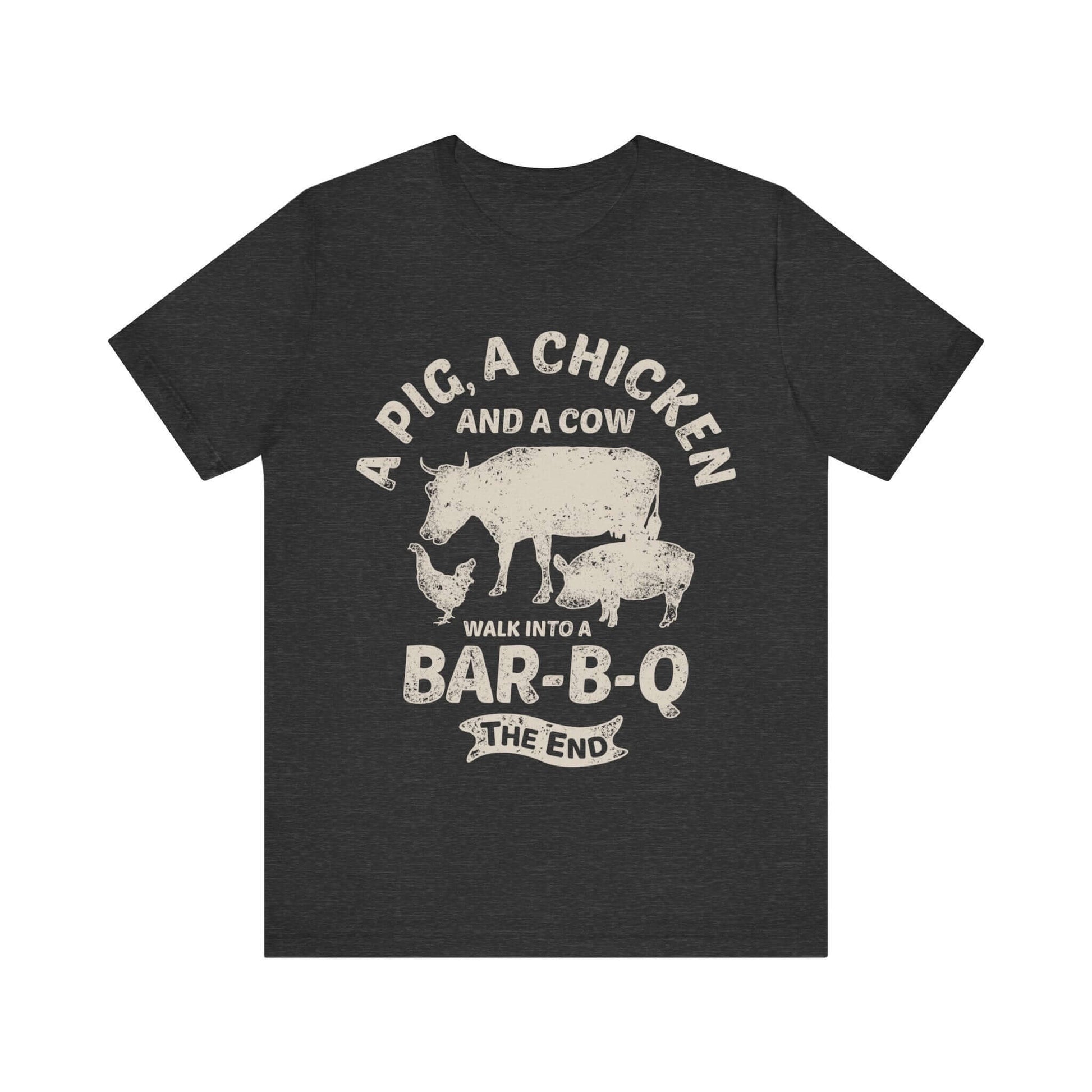 Charcoal gray T-shirt with chicken and cow graphic and "Walk into a Bar-B-Q" text