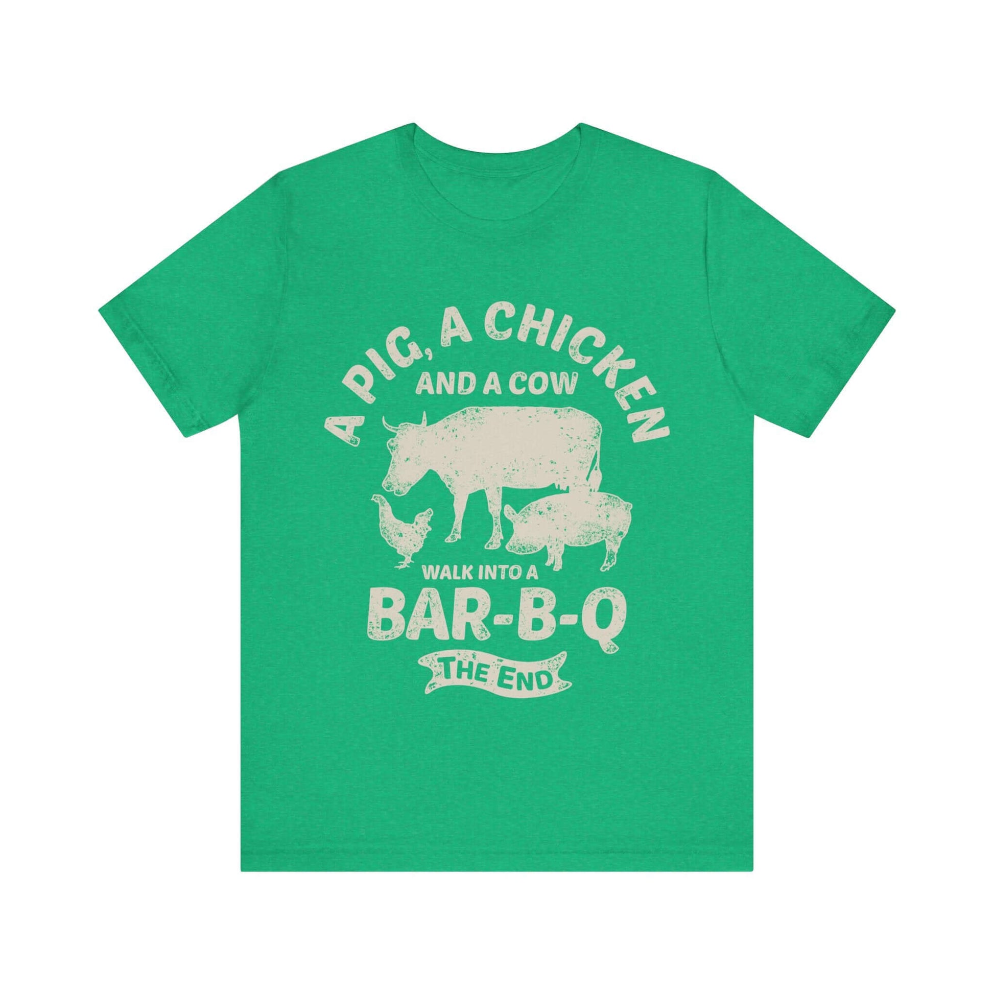Green T-shirt with chicken and cow graphic and "Walk into a Bar-B-Q" text