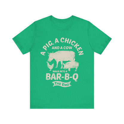 Green T-shirt with chicken and cow graphic and "Walk into a Bar-B-Q" text