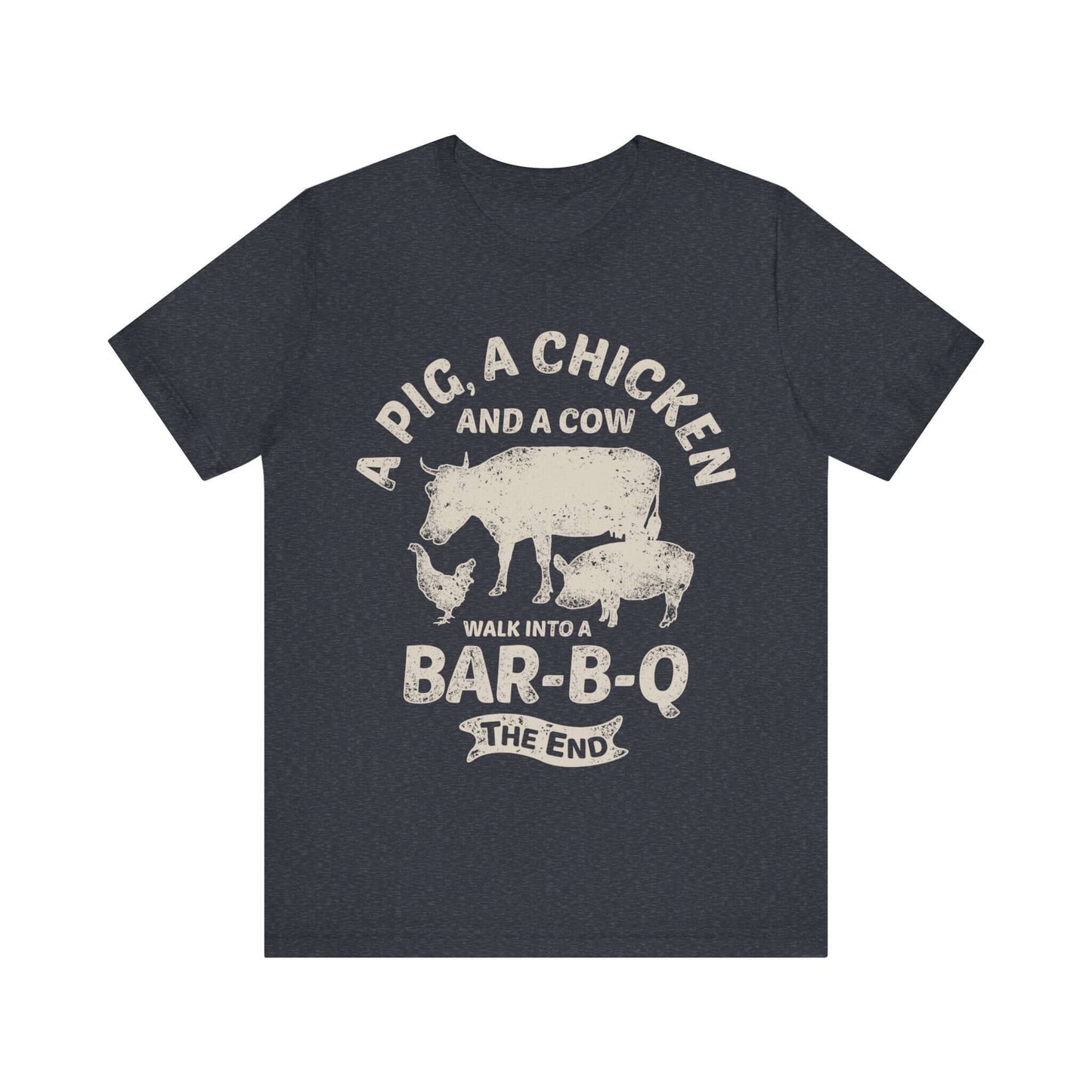 Dark navy T-shirt with chicken and cow graphic and "Walk into a Bar-B-Q" text