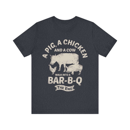 Dark navy T-shirt with chicken and cow graphic and "Walk into a Bar-B-Q" text