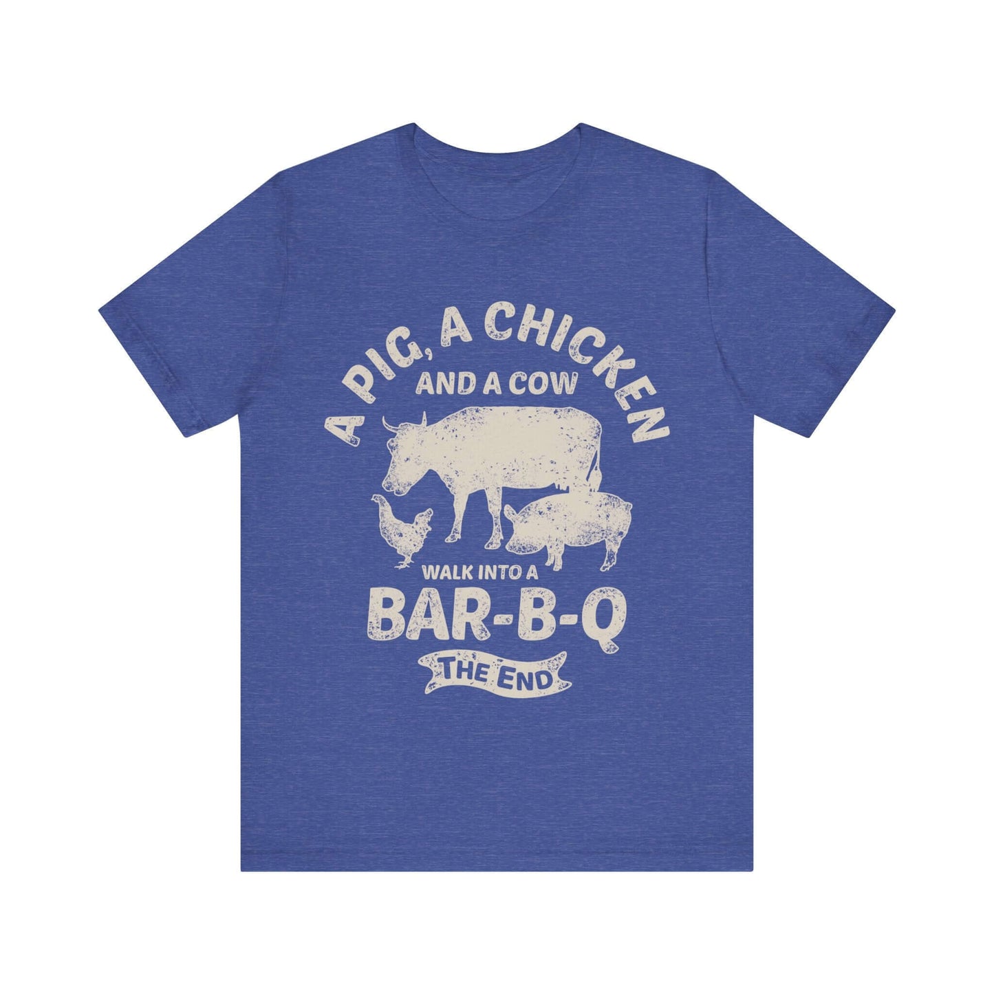 Royal blue T-shirt with chicken and cow graphic and "Walk into a Bar-B-Q" text