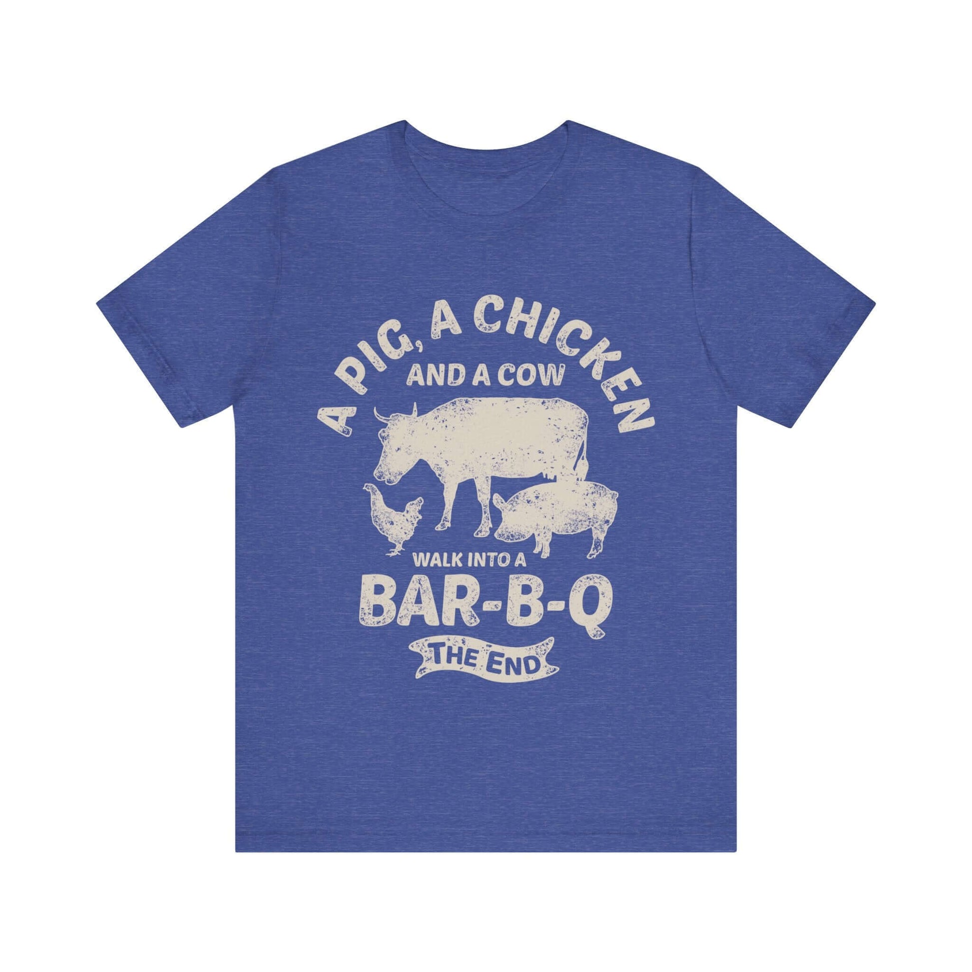 Royal blue T-shirt with chicken and cow graphic and "Walk into a Bar-B-Q" text