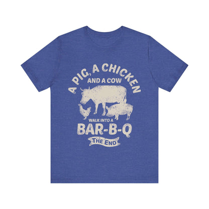 Royal blue T-shirt with chicken and cow graphic and "Walk into a Bar-B-Q" text