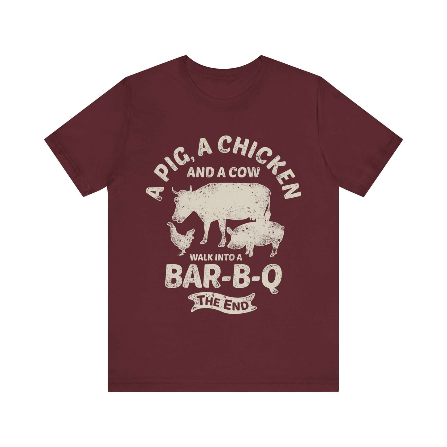Maroon T-shirt with chicken and cow graphic and "Walk into a Bar-B-Q" text