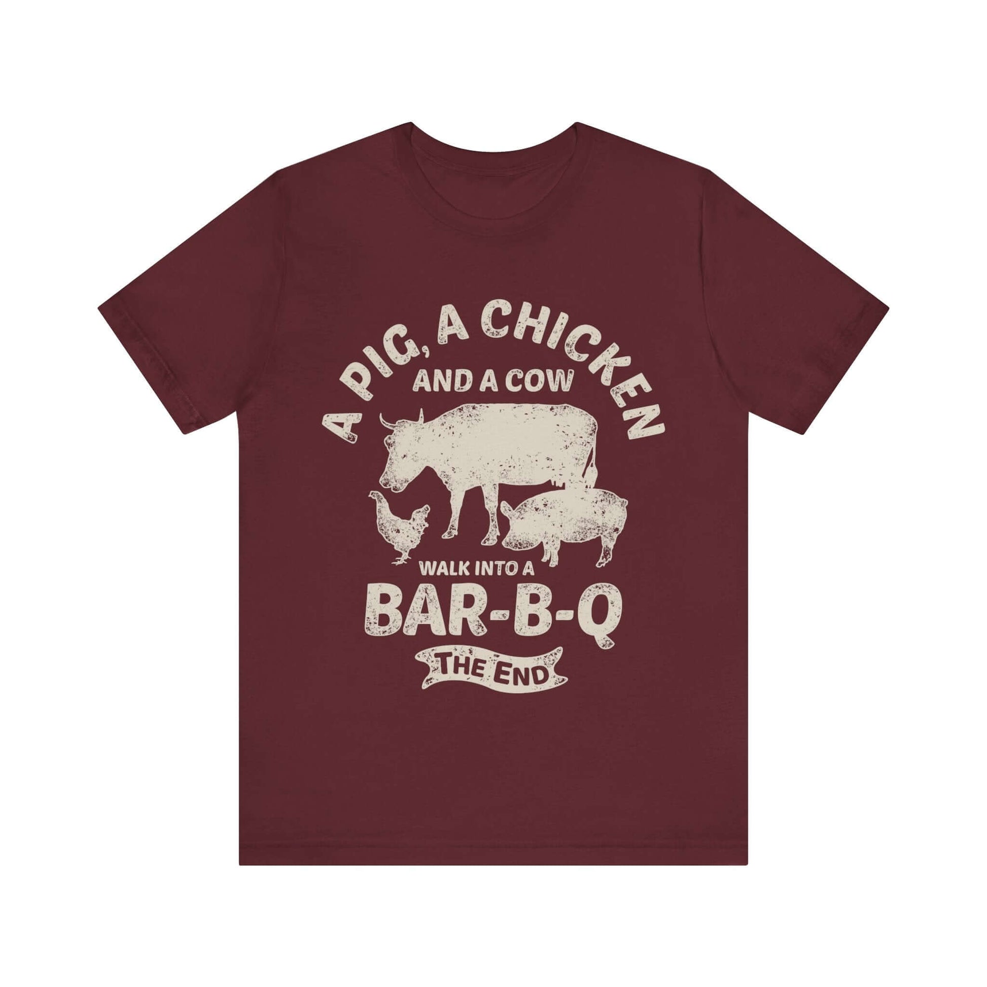 Maroon T-shirt with chicken and cow graphic and "Walk into a Bar-B-Q" text