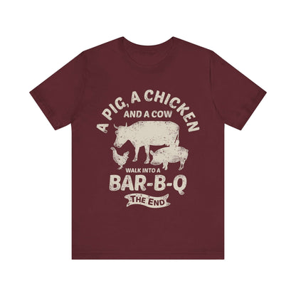 Maroon T-shirt with chicken and cow graphic and "Walk into a Bar-B-Q" text