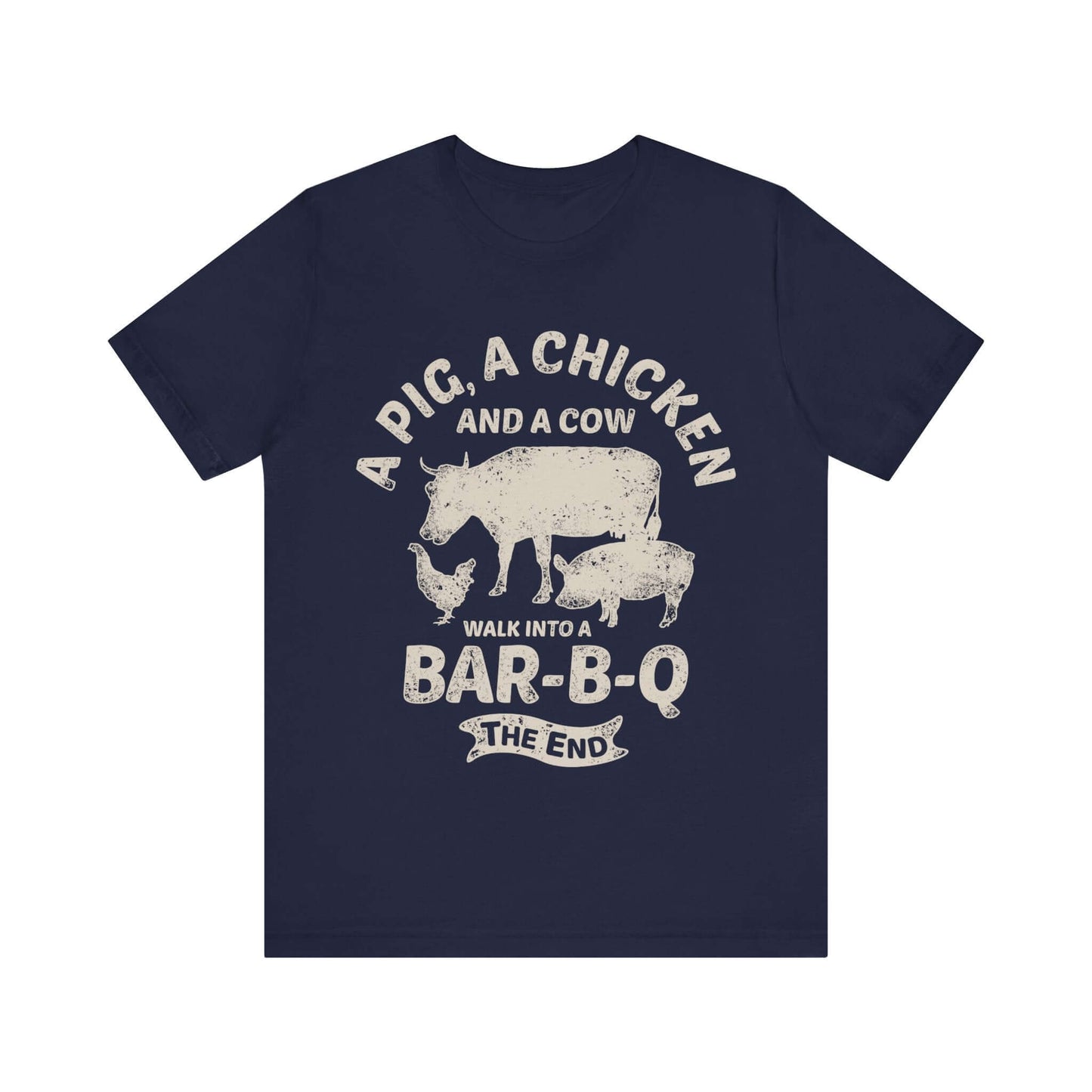 Navy BBQ T-shirt with white chicken-cow Bar-B-Q front graphic