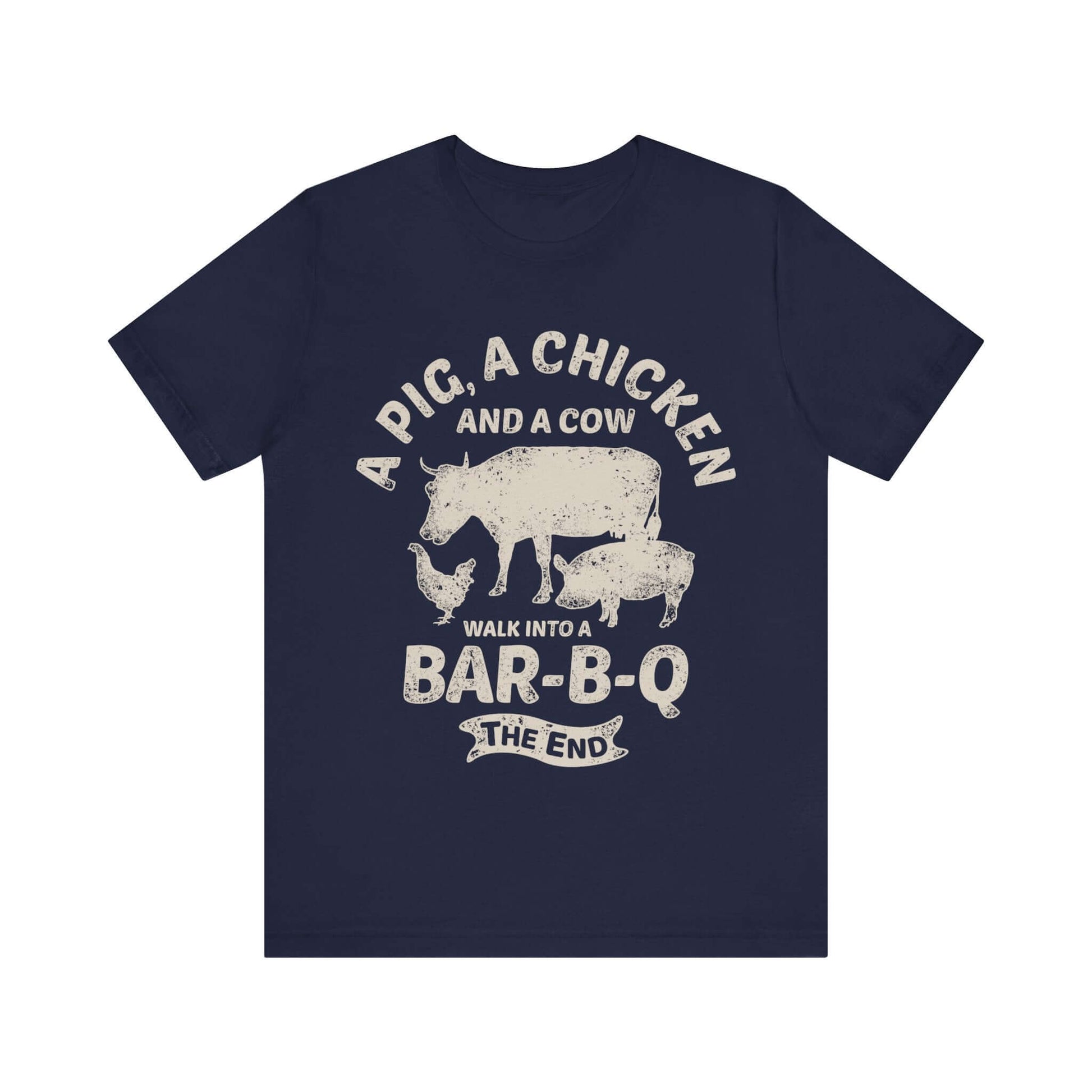 Navy BBQ T-shirt with white chicken-cow Bar-B-Q front graphic