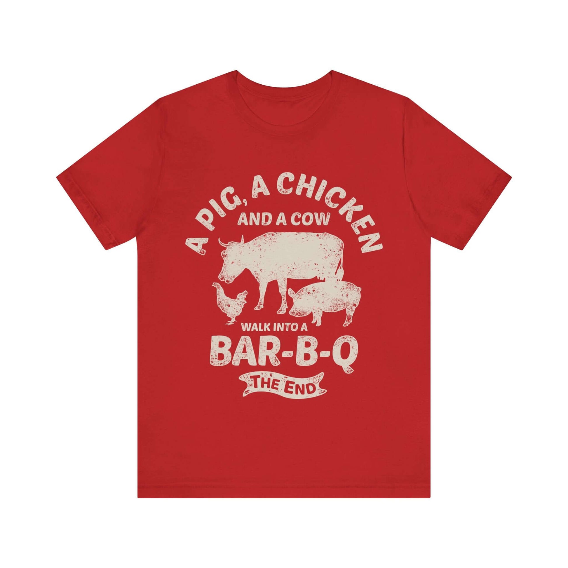 Red BBQ T-shirt with white chicken-cow Bar-B-Q front graphic