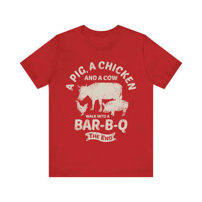 Red BBQ T-shirt with white chicken-cow Bar-B-Q front graphic