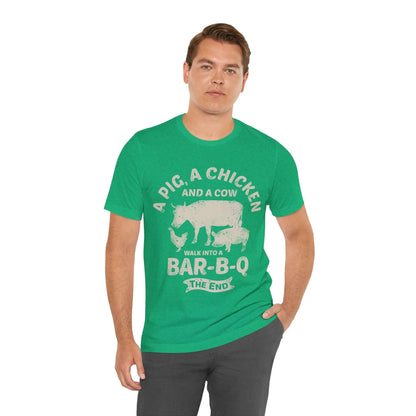 Green BBQ T-shirt with large cowgirl and "BAR-B-Q" graphic on chest