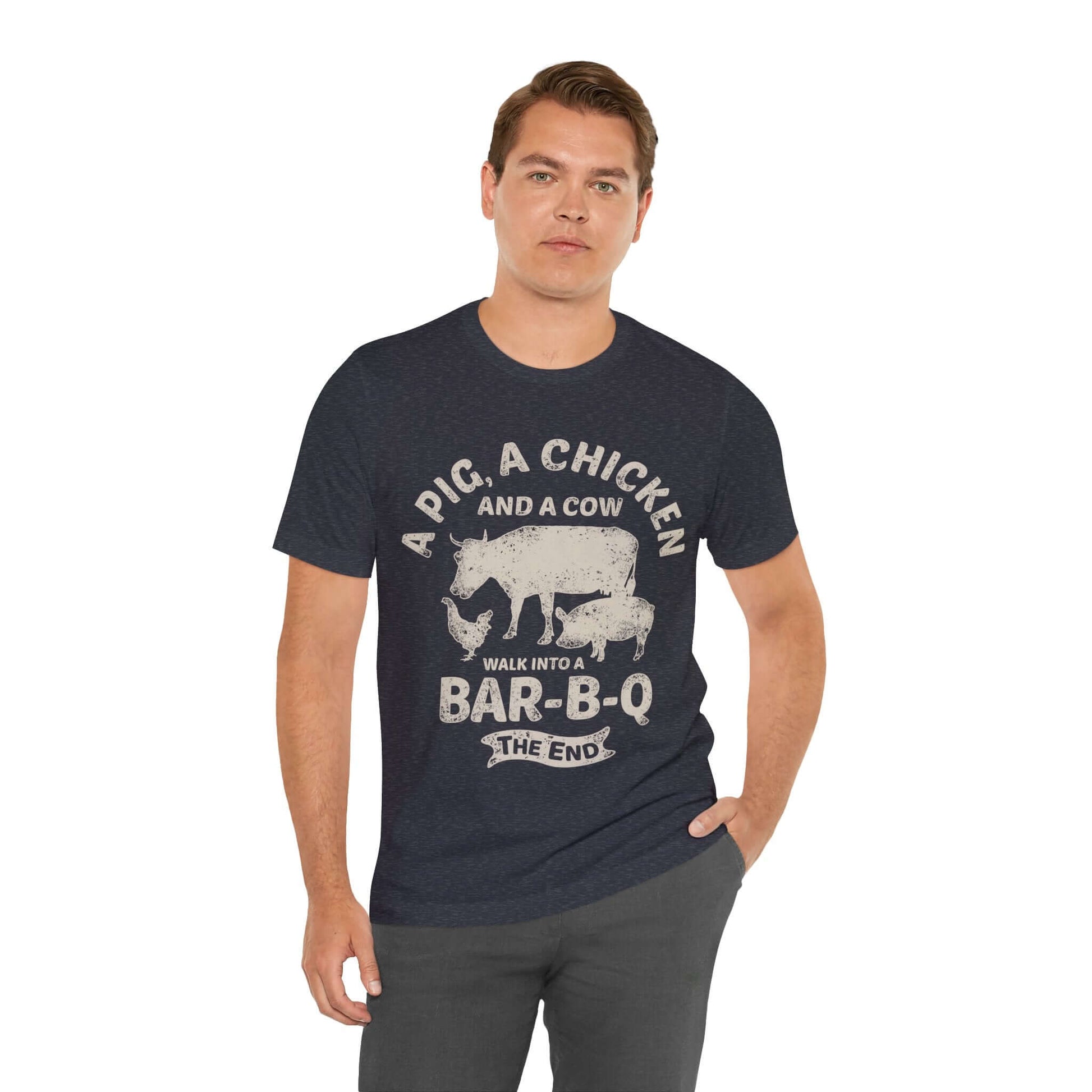 Dark blue BBQ T-shirt with large cowgirl and "BAR-B-Q" graphic on chest