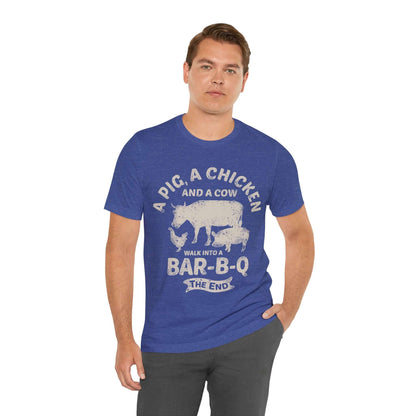 Royal blue BBQ T-shirt with large cowgirl and "BAR-B-Q" graphic on chest