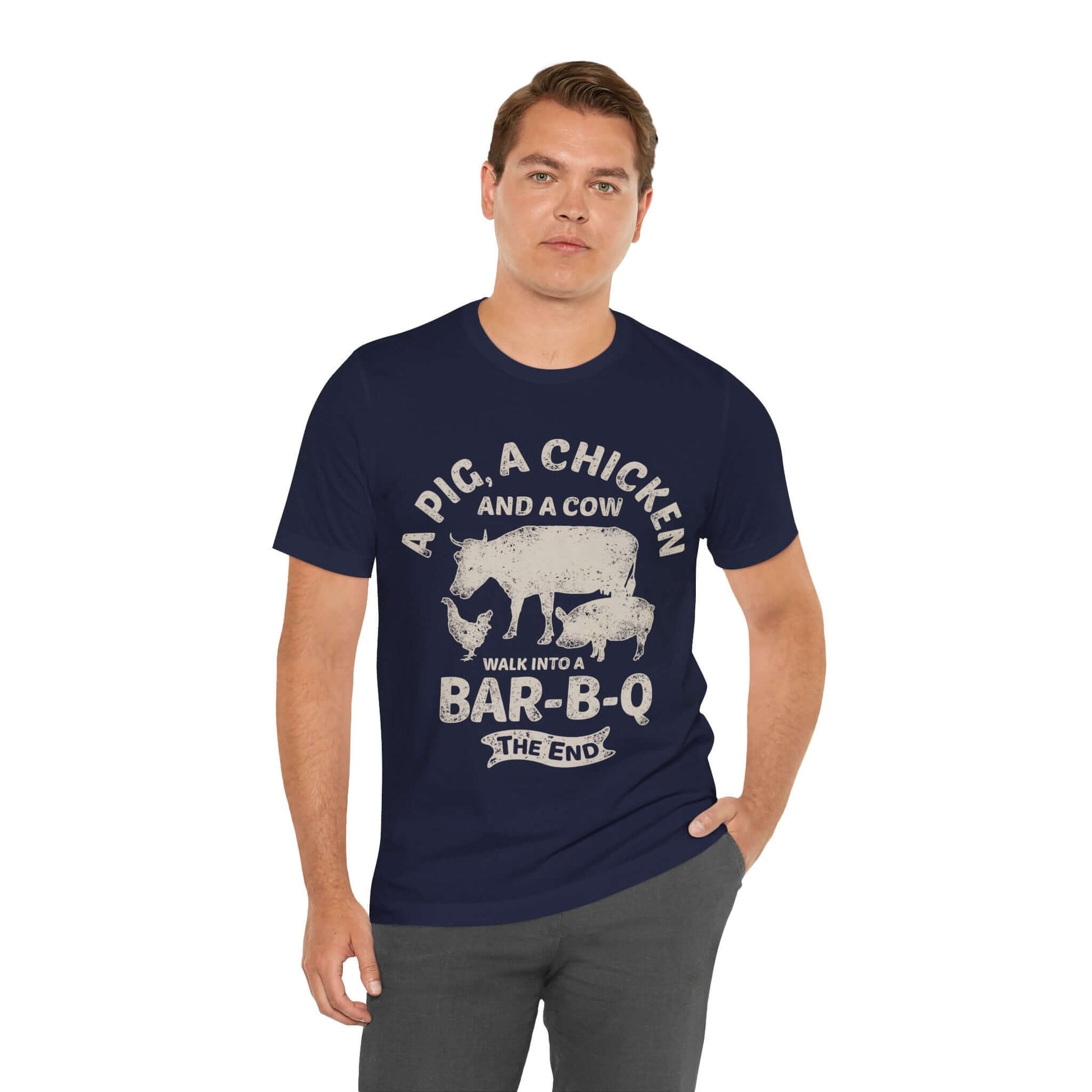 Navy BBQ T-shirt with large cowgirl and "BAR-B-Q" graphic on chest