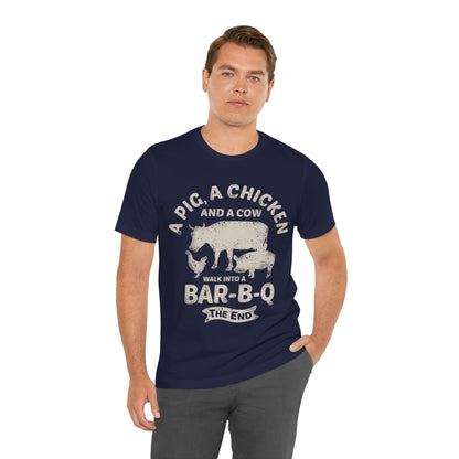 Navy BBQ T-shirt with large cowgirl and "BAR-B-Q" graphic on chest