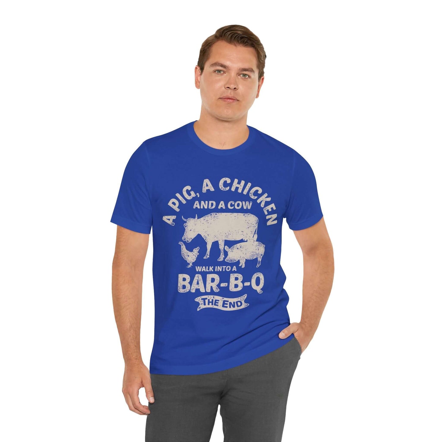 Blue T-shirt with chicken and cow graphic and "Walk into a Bar-B-Q" text