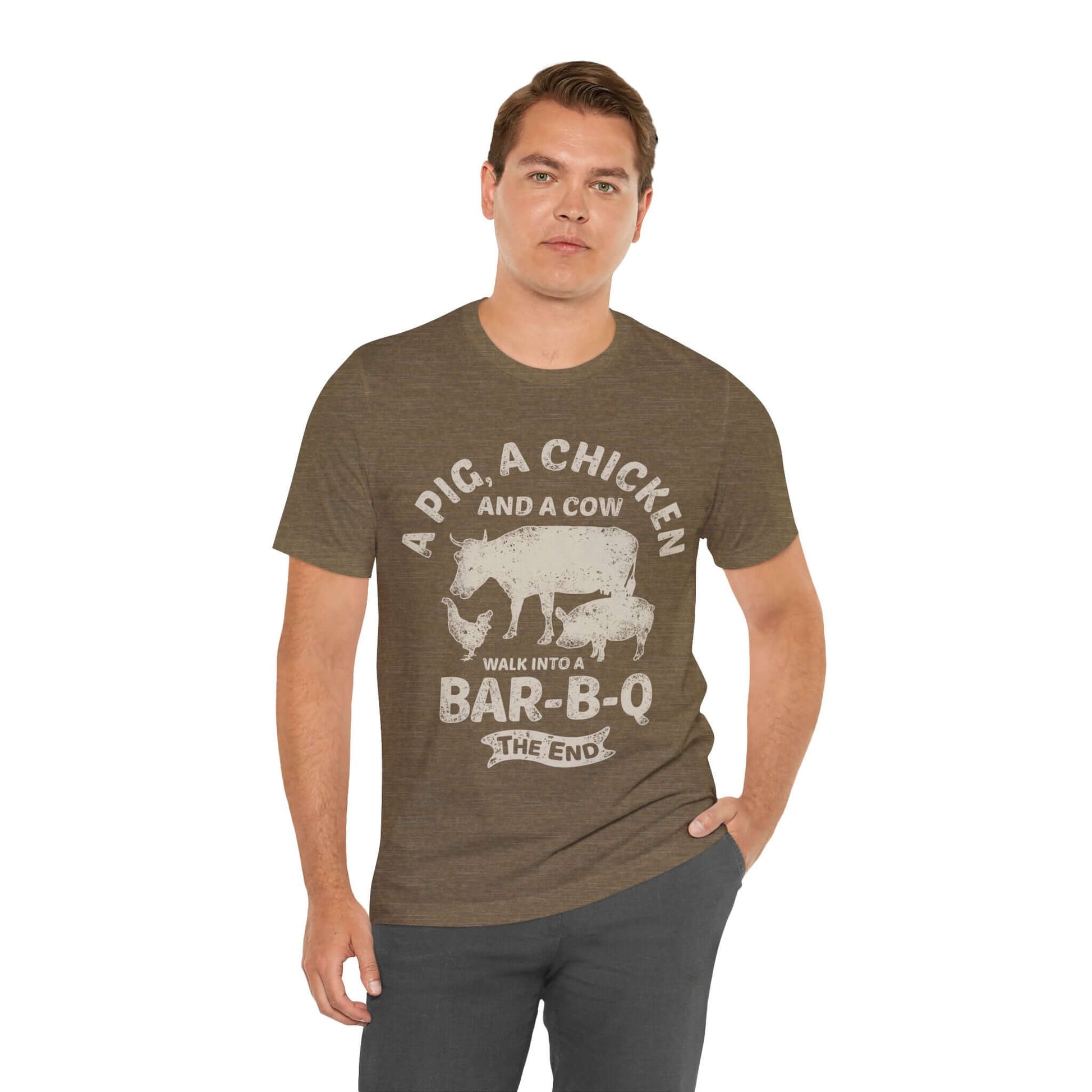 Dark brown T-shirt with chicken and cow graphic and "Walk into a Bar-B-Q" text
