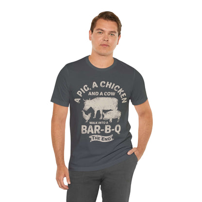 Dark gray BBQ T-shirt with large cowgirl and "BAR-B-Q" graphic on chest