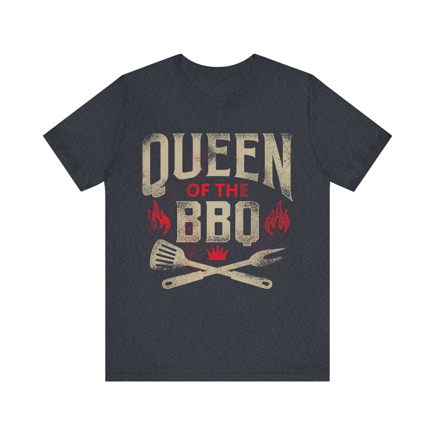 Dark grey heather T-shirt with centered "Queen of the BBQ" chest print and flames