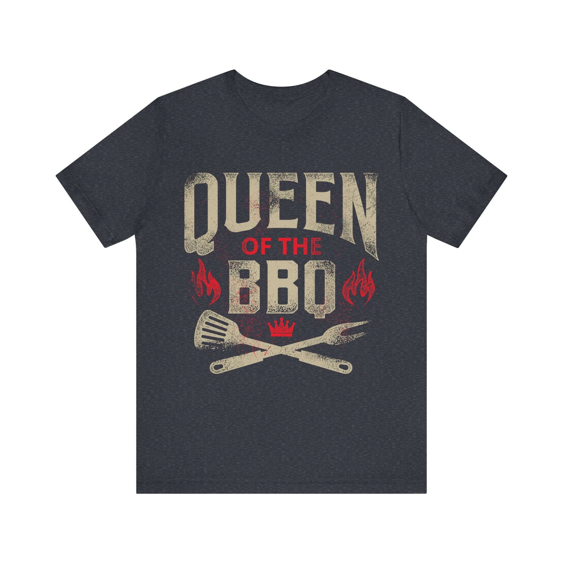 Dark grey heather T-shirt with centered "Queen of the BBQ" chest print and flames